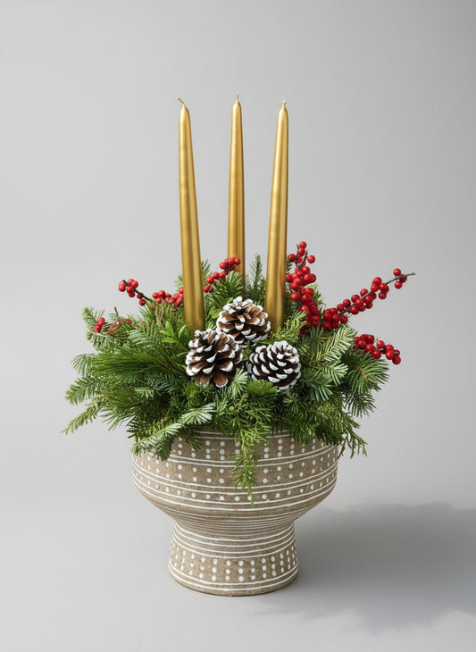 Gold Candles in Winter Forest Arrangement